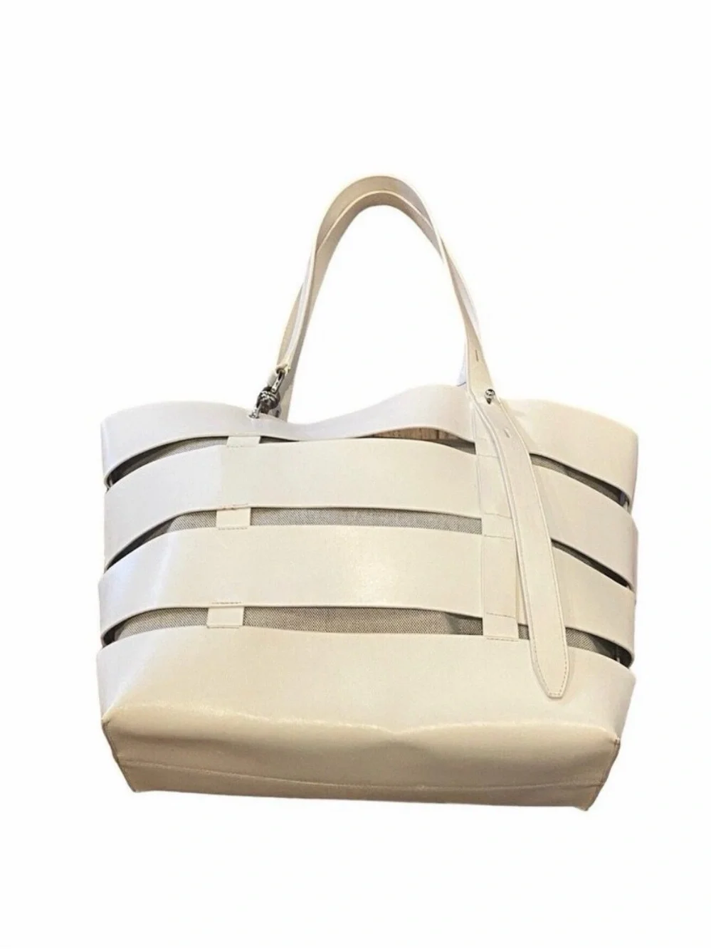 Rebecca Minkoff Cage Stella Large Leather White Tote Bag Purse with Pouch
